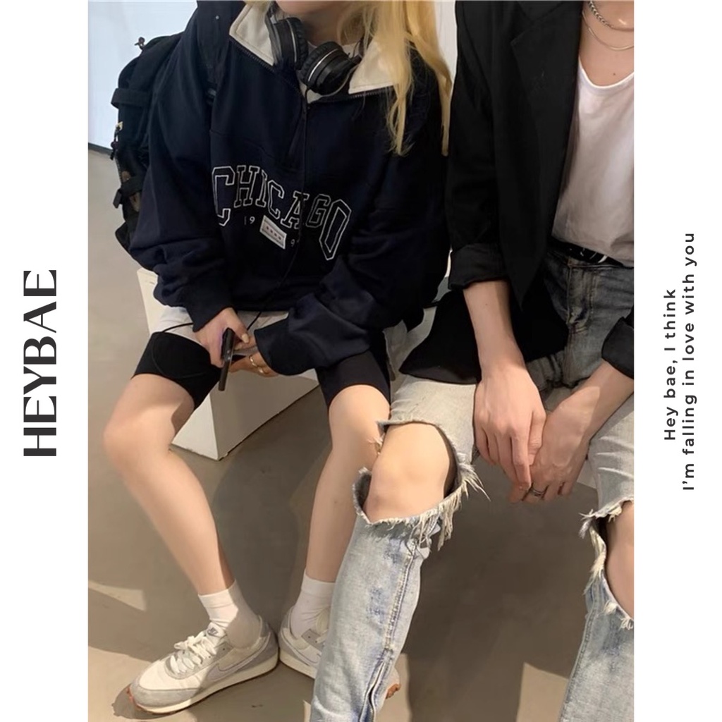 Áo sweater nỉ chui đầu oversize Chicago HEYBAE cổ bẻ khoá kéo dài tay dáng rộng vintage màu navy cho nữ AK004 | BigBuy360 - bigbuy360.vn