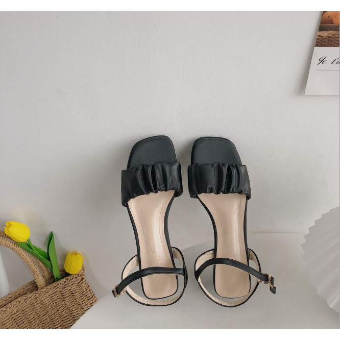 Giày Sandal Quai Nhún Nữ MINAFS Quai Ngang Xếp Bèo Quai Mềm Xăng Đan Cao Gót Vuông 4cm Mềm Đi Học Đi Làm Đi Chơi