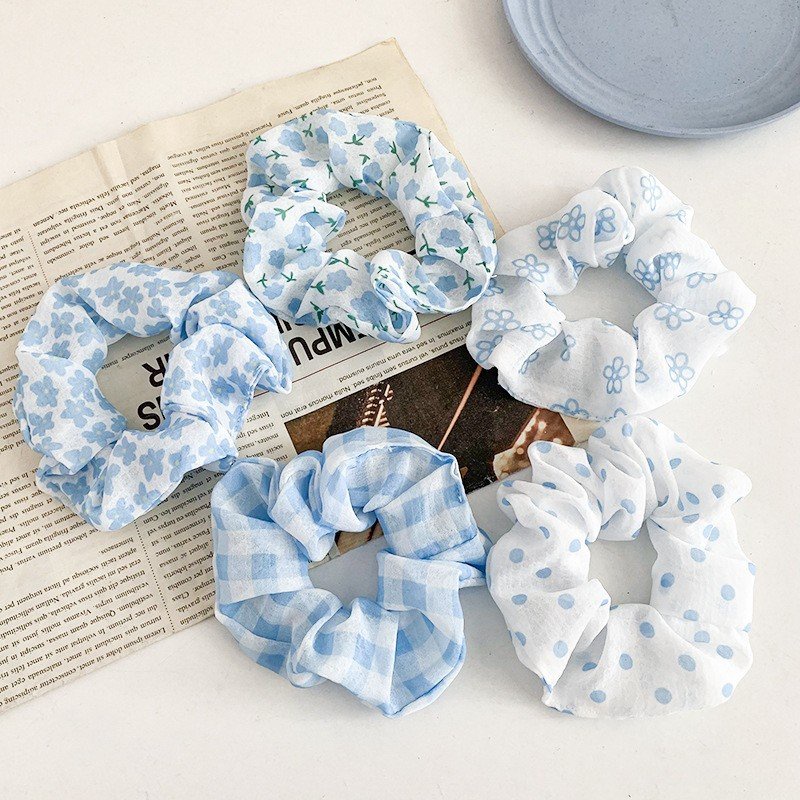 Dây cột tóc scrunchies hoa màu xanh phong cách Hàn Quốc DMX