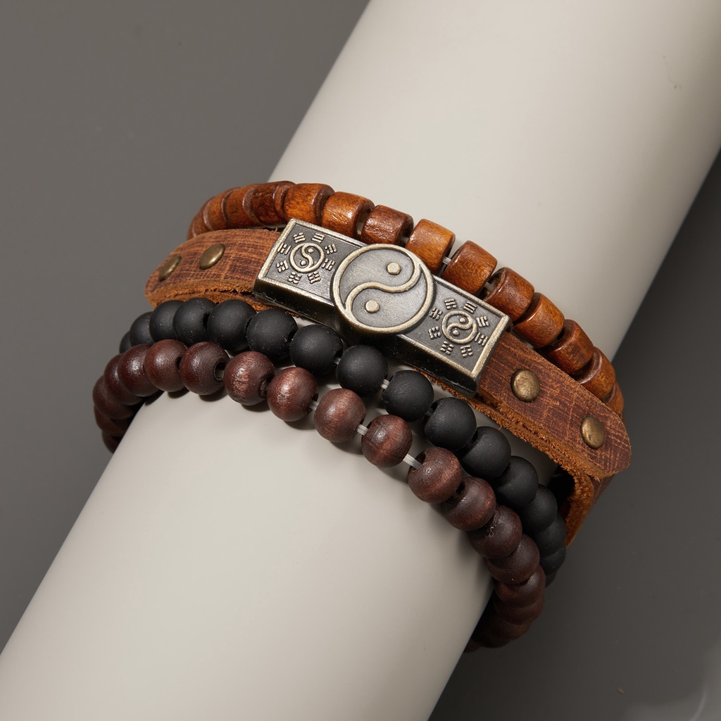 Vòng đeo tay RINHOO dây da nhiều lớp đính hạt gỗ đôi cánh nhiều mẫu tùy chọn thời trang dành cho nam