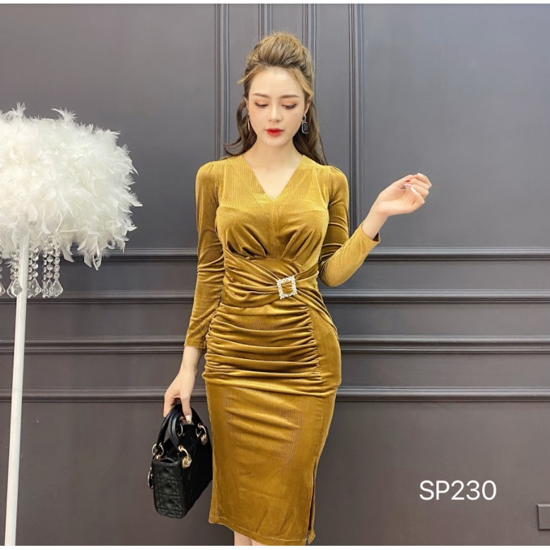 CRYS Váy nhung body đai đá eo tôn dáng, váy công sở cổ V quyến rũ SP230 | BigBuy360 - bigbuy360.vn