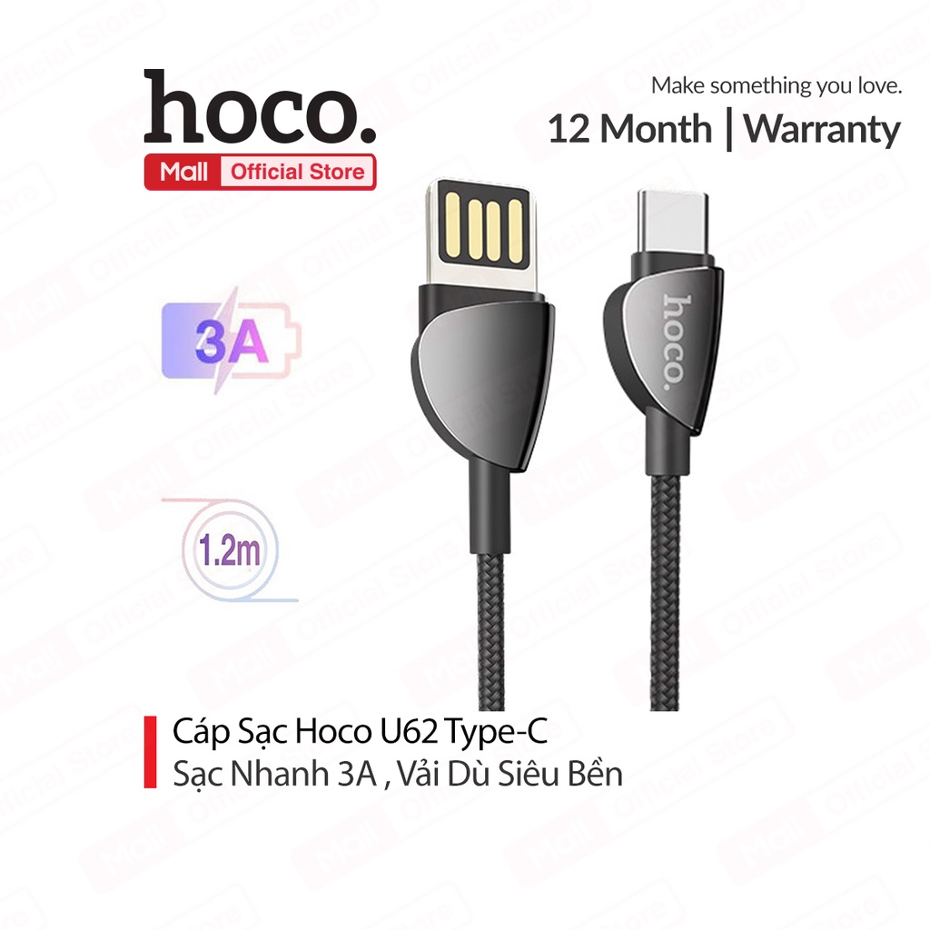 Cáp sạc 3A Hoco U62 Type-C vải dù siêu bền dài 1.2M cho Android