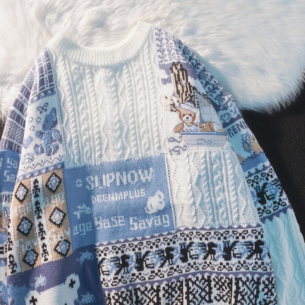 Áo Sweater Dệt Kim Dáng Rộng Thêu Hình Gấu Phong Cách Âu Mỹ Thời Trang Mùa Đông Cho Nam Và Nữ
