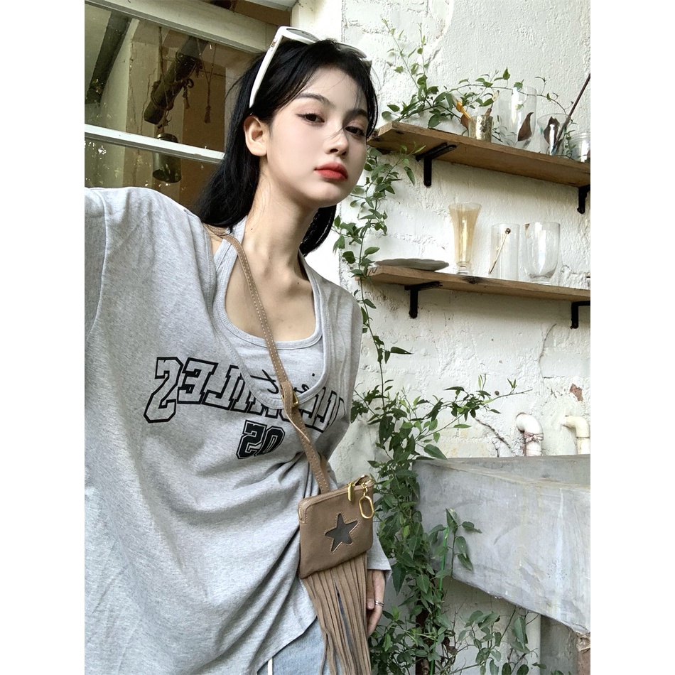 Set Áo Thun Dài Tay In Chữ Và Áo Hai Dây Phong Cách Cổ Điển Dành Cho Nữ