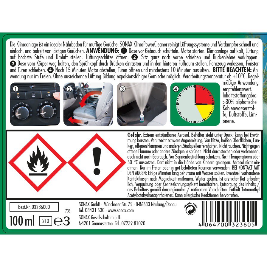 Chai Khử Mùi Và Làm Sạch Dàn Lạnh Dạng Hơi Hương Đại Dương Sonax Car A/C cleaner Ocean-fresh 323600