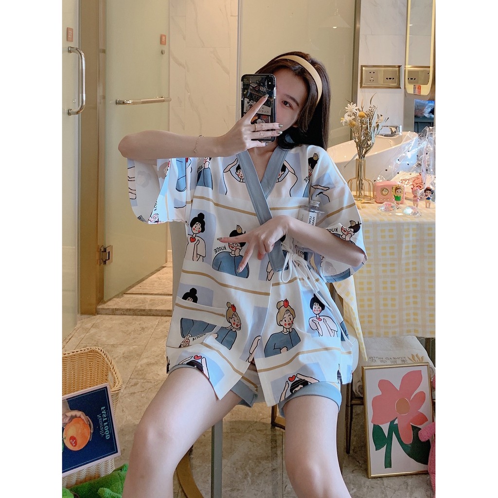 Đồ ngủ pijama nữ hoạt hình dễ thương có dây buộc - bộ ngủ kimono nữ mặc nhà icon dây eo cộc | BigBuy360 - bigbuy360.vn