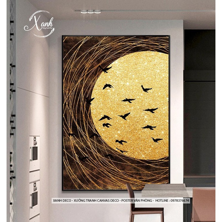 Tranh canvas trang trí trừu tượng cánh chim vàng dưới trăng 50x70 cm