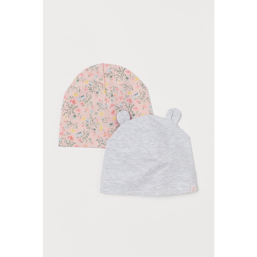 Set 2 mũ cotton bé gái, màu hồng hoa nhí - xám tai gấu, Hờ mờ JP săn SALE