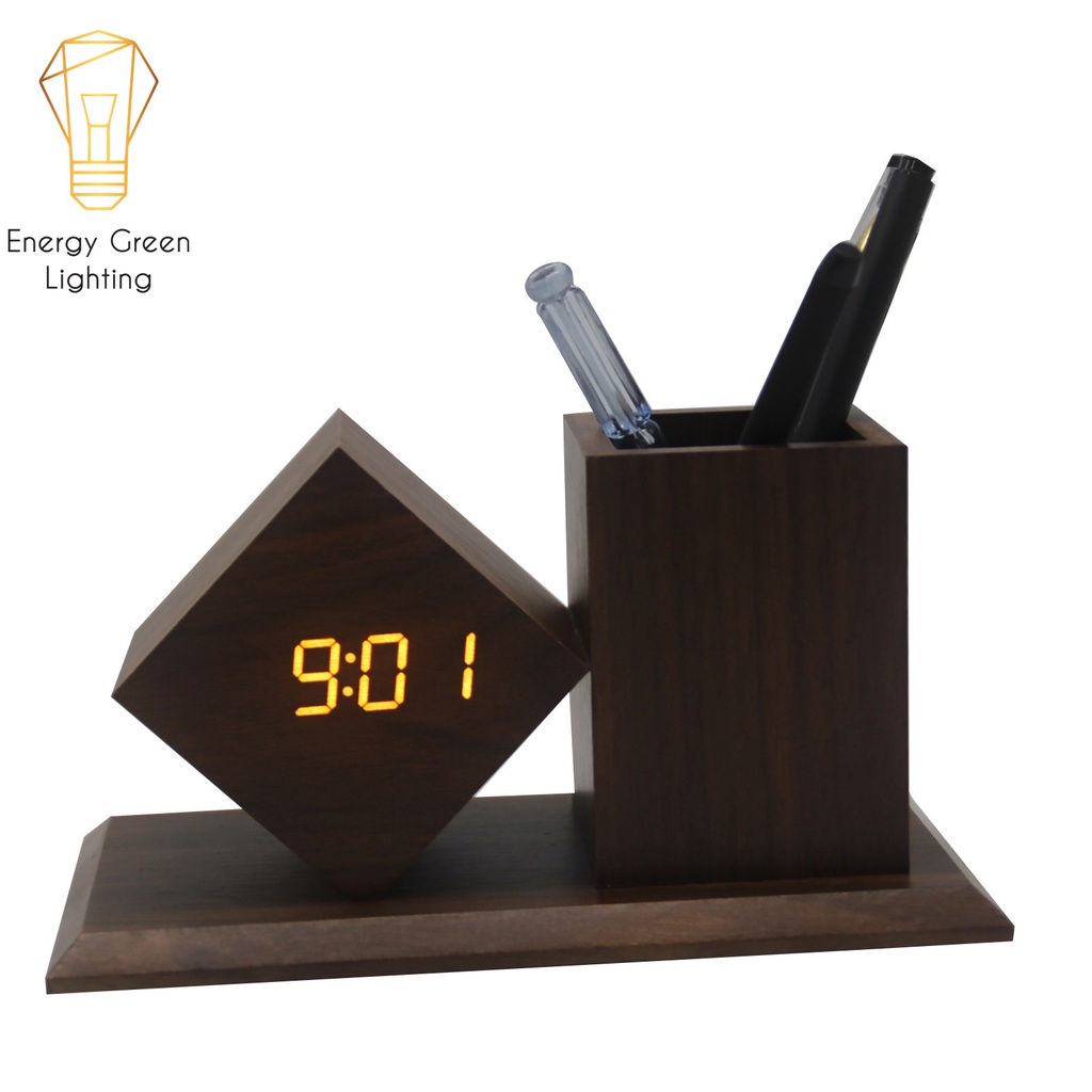 Đồng Hồ Gỗ Led Để Bàn Hình Vuông Chéo Energy Green Lighting DH-95 - Kiêm Ống Đựng Bút - 4 Màu Thanh Lịch