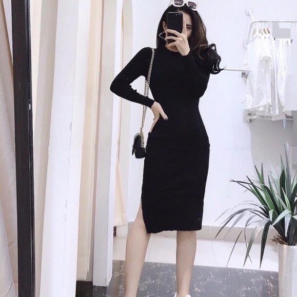 Váy Body Len Tăm Dài Tay CỔ TRÒN chất đẹp, phom rộng chị em big size bon chen được XẺ TÀ ĐÙI đẹp '