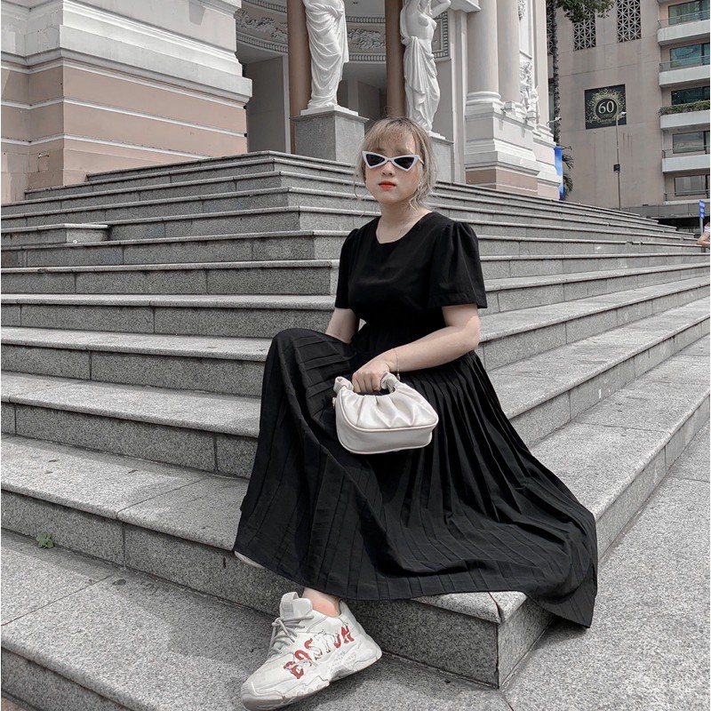 [Mã WASKT304 giảm 15% tối đa 30K đơn 99K] Đầm Suông Rút Eo Dáng Dài Phối Xếp Ly-LAXIE DRESS Ulzzang (Ảnh Thật/ Có sẵn)