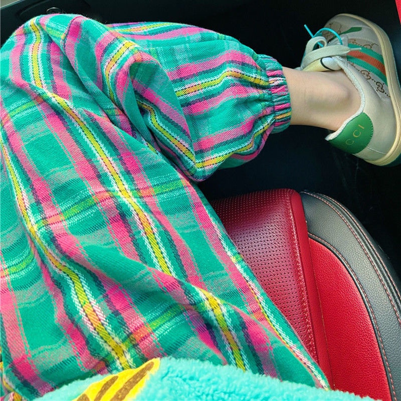 Jiashucheng Quần Dài Dáng Rộng Cỡ Lớn Họa Tiết Sọc Caro Thời Trang Trẻ Trung