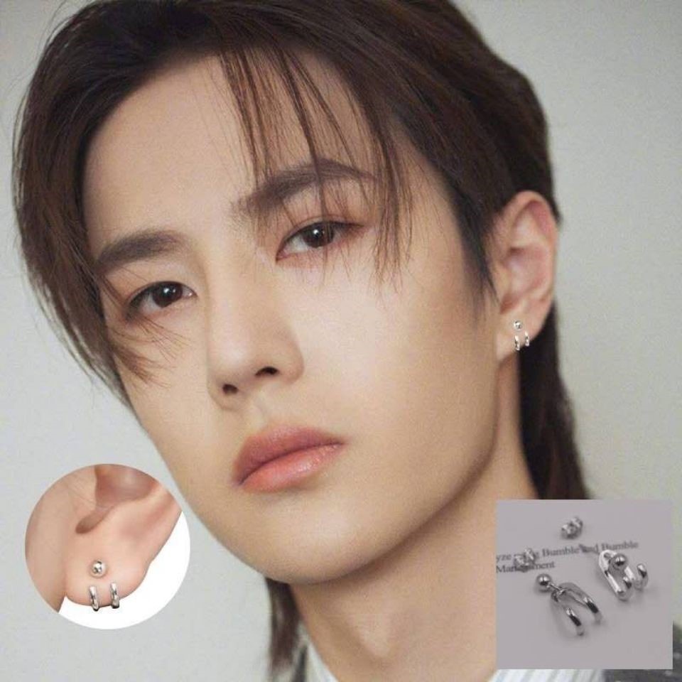 Khuyên Tai Hình Học Đôi Màu Bạc Phong Cách hip hop Hàn Quốc Cổ Điển Thời Trang Cho Nam Và Nữ