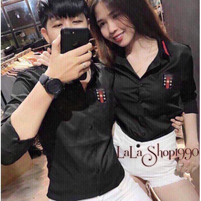 ÁO SƠ MI CẶP NAM NỮ MÀU ĐEN CHẤT LỤA TRƠN CAO CẤP - LALASHOP1990