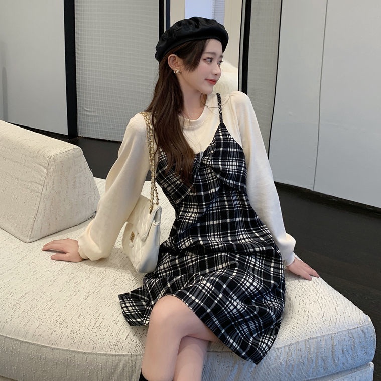 Đầm Tay Phồng Giả Hai Lớp Họa Tiết Sọc Caro Thời Trang Mùa Thu Cho Nữ