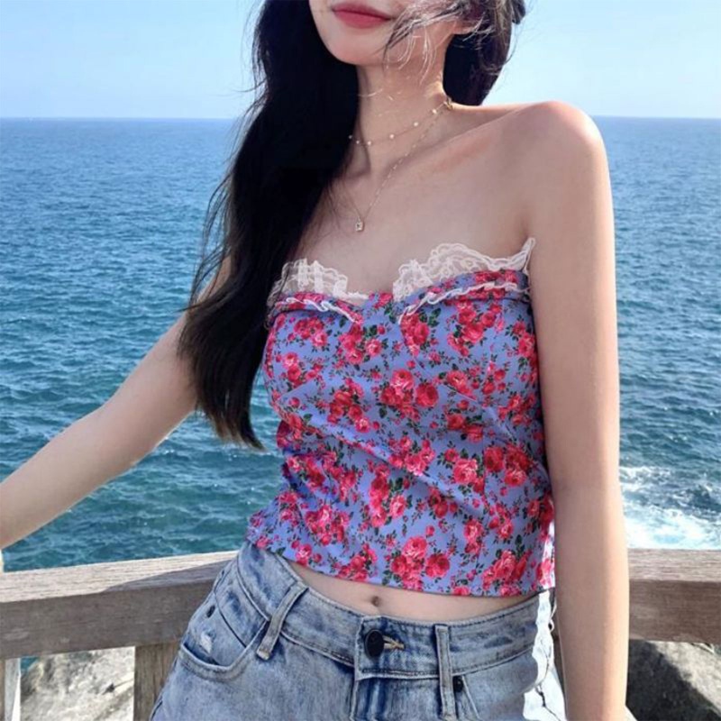 Áo Croptop Hai Dây Phối Ren Hoa Phong Cách Pháp Gợi Cảm Cho Nữ