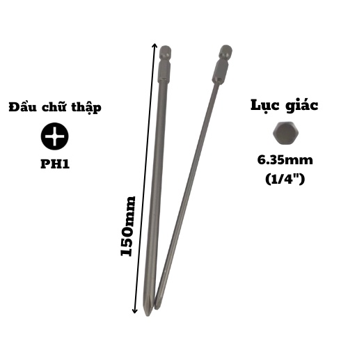 Mũi vít đầu bắn bake 4 cạnh hình chữ thập dài 150mm PH1 đuôi lục giác bằng thép S2
