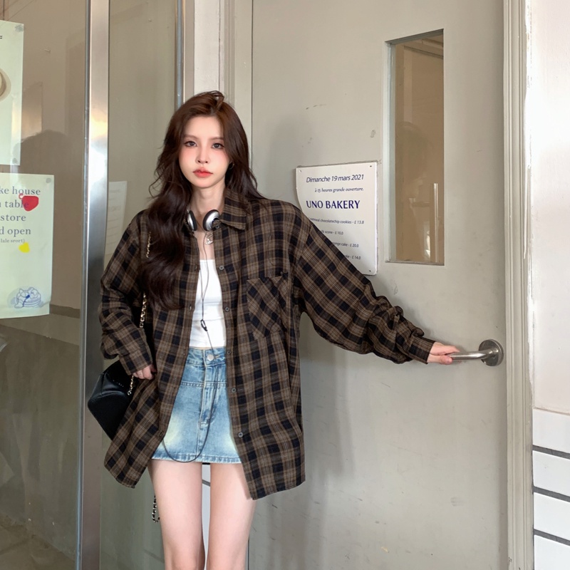 SUXI Áo Sơ Mi Tay Dài Dáng Ôm Sọc Ca Rô Thời Trang Trẻ Trung Cho Nam Nữ