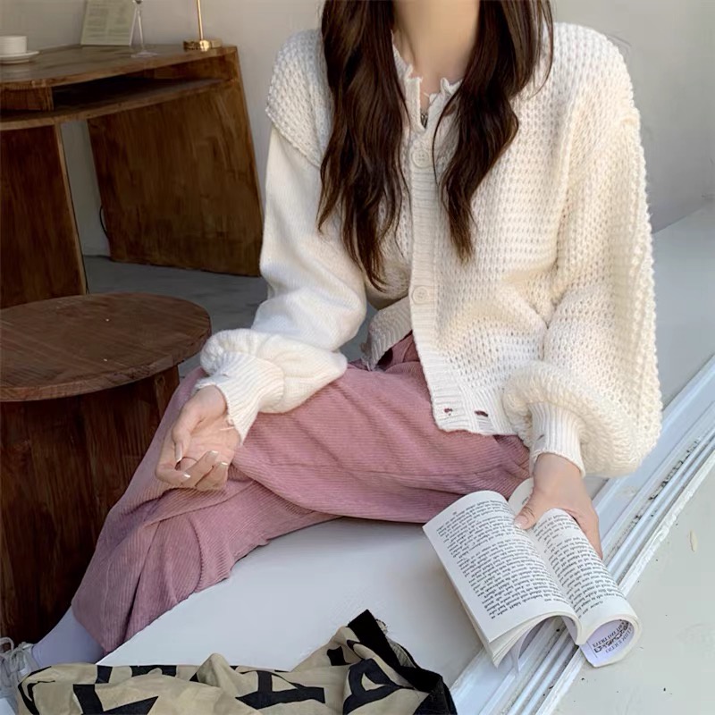 Áo khoác len croptop Forgirl tay bồng phối viền xẻ