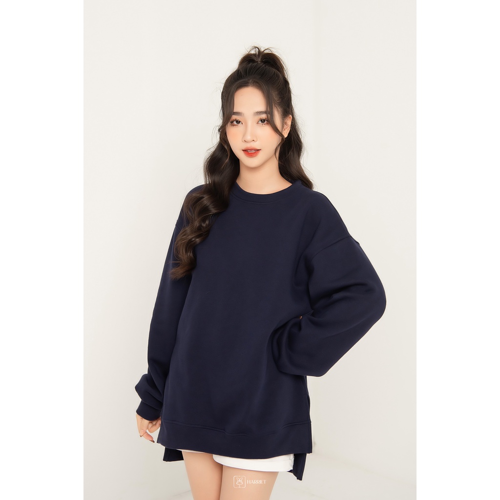 Áo sweater nỉ cổ tròn freesize dáng rộng xẻ vạt thời trang Cody Harriet