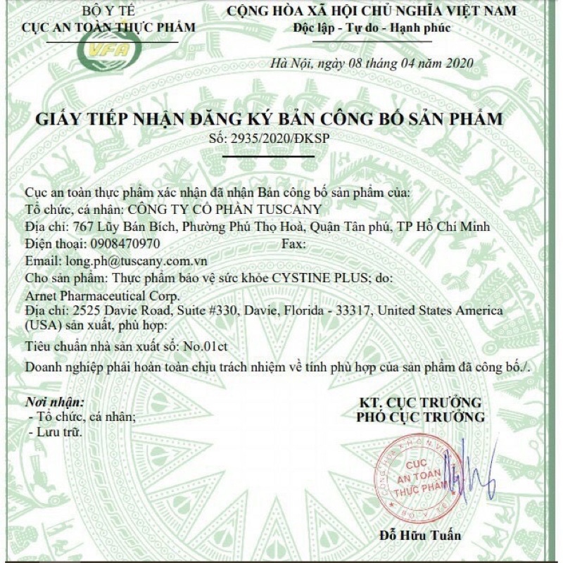 Cystine Plus - Viên uống giảm mụn, ngăn rụng tóc và giảm sắc tố Supplement Fact Cystine Plus