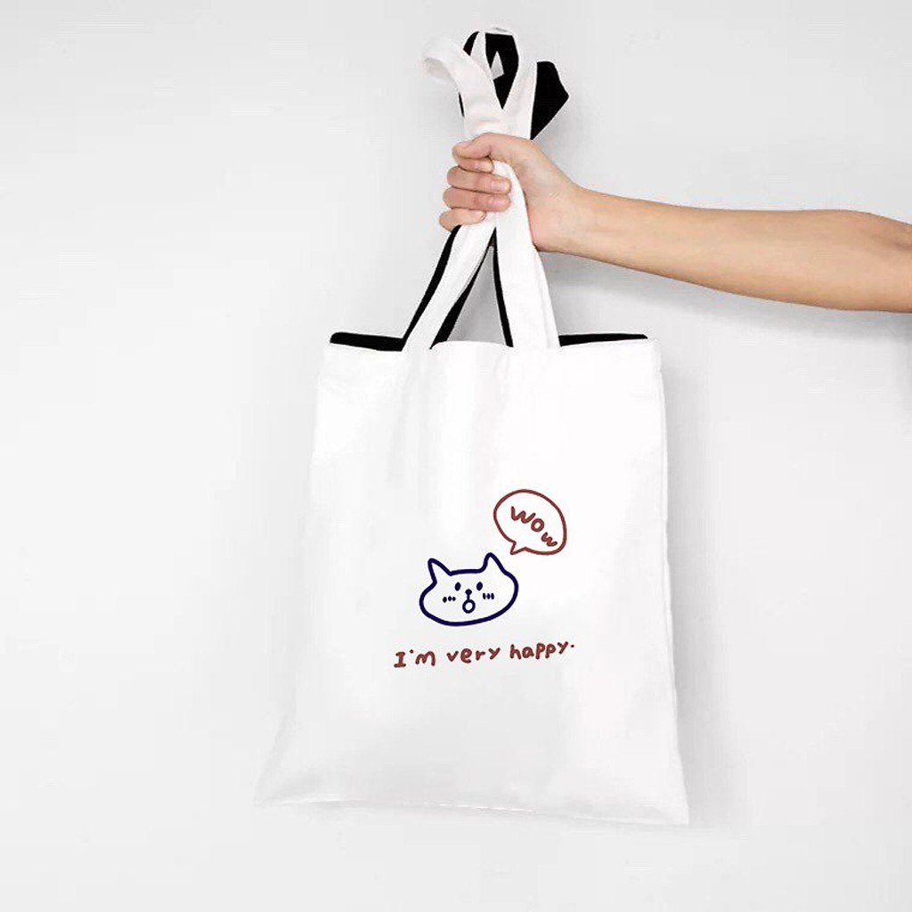Túi vải canvas mèo wow chữ khóa kéo- Vải trắng dày- Có freeship extra - Túi tote đeo vai hàn quốc