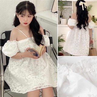 [ Ảnh thật ] Đầm - Váy babydoll hoa nổi dáng ngắn trễ vai DÂY CỔ ĐÍNH NGỌC tay bồng