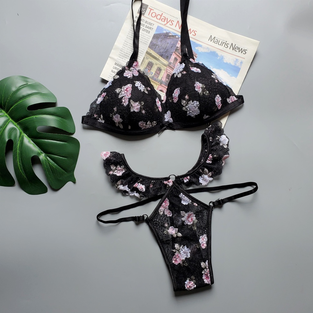 Bộ đồ lót ren sexy🔥 NS216 ren đen hoa mẫu đơn không gọng mút vừa gợi cảm quần dây bèo Nhà Sò Bra.com