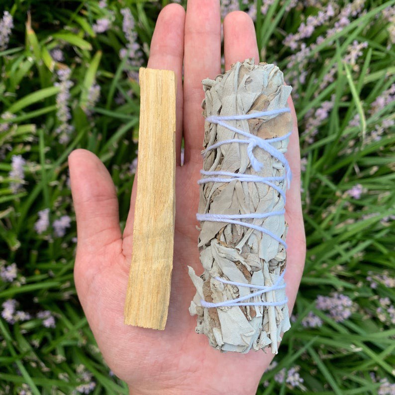 Sét 1 bó lá xô thơm trắng white sage hoa xanh 10cm và 1 thanh gỗ palo santo trắc xanh 5-6gr Combo06