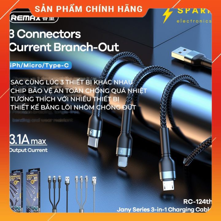 Cáp Sạc Chính Hãng - Cáp Sạc Đa Năng 3 in 1 Remax RC-124TH Jany 2 Series 1 Cổng Lightning 1 Cổng Type C 1 Cổng Mico USB