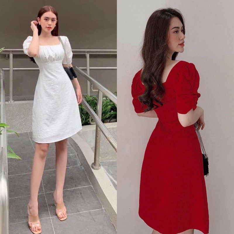 Đầm cổ vuông nhíu ngực nhún tay