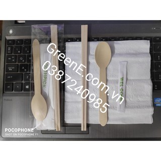 COMBO 50 bộ : Đũa Gỗ Bao Giấy + Muỗng Gỗ 16cm Cao Cấp + Khăn Giấy + Tăm Bọc Giấy
