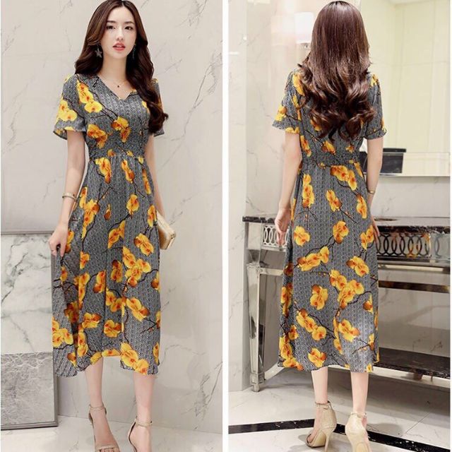 Đầm hoa cổ V dáng dài cao cấp