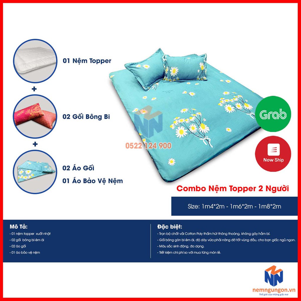 Combo nệm topper xuất Nhật kèm gối, drap - Nệm topper trải sàn cao cấp - đồng bộ màu sắc [Đủ size] - Màu ngẫu nhiên