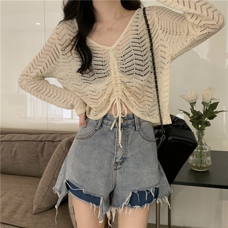 Áo Len Tay Dài Cổ Chữ V Dáng Rộng Phối Dây Rút Thời Trang Mùa Hè Mới