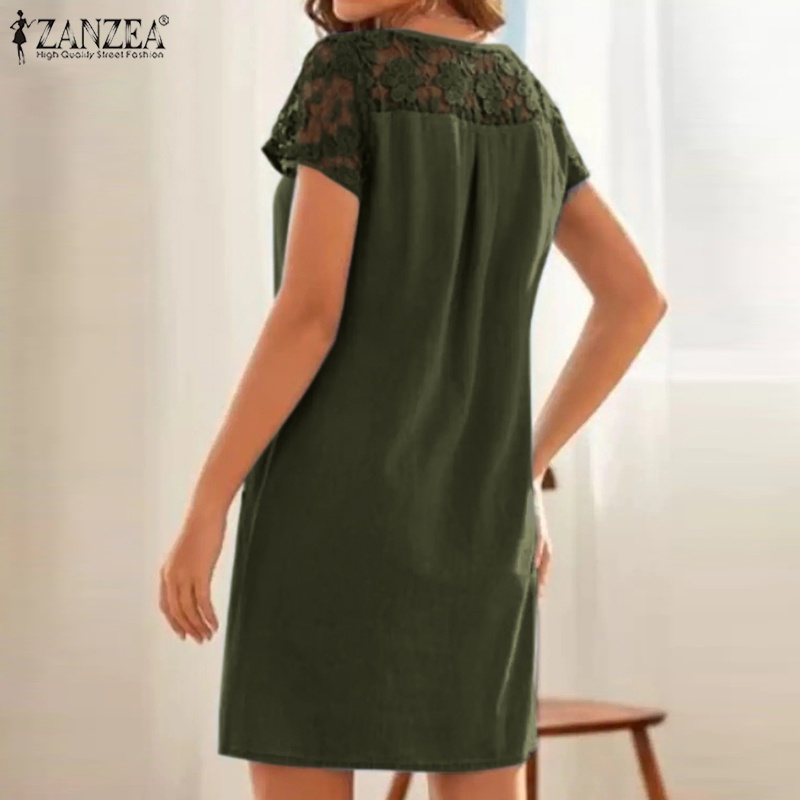 Zanzea Đầm Mini Tay Ngắn Cổ Tròn Phối Ren Thời Trang Cho Nữ