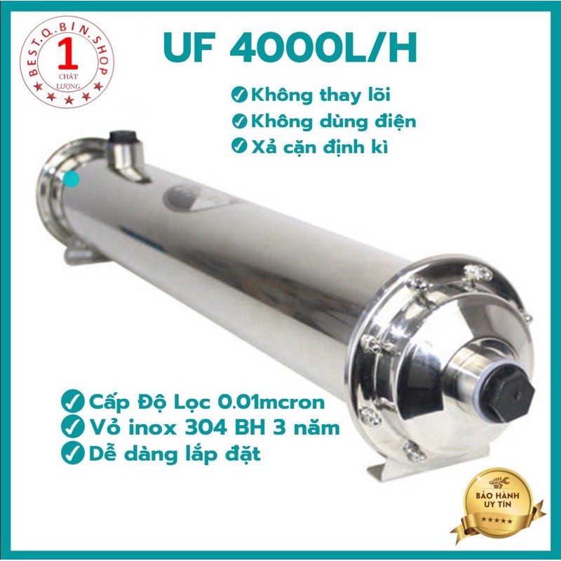 Máy lọc nước thô đầu nguồn 4000L Công nghệ màng lọc UF thẩm thấu qua thành, có cơ chế Xả cặn định kì, vỏ INOX 304