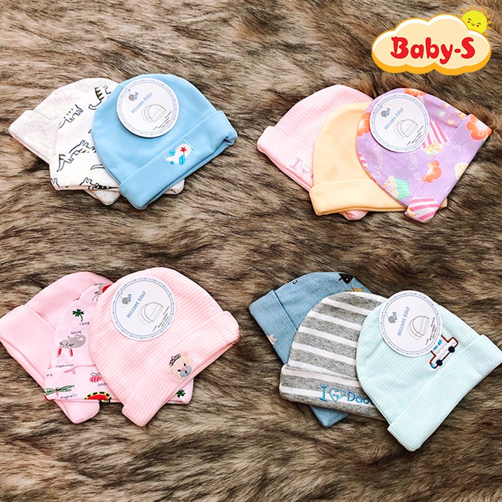 Set 3 nón sơ sinh cho bé trai và bé gái từ 0-6 tháng tuổi chất thun cotton dày đẹp giữ ấm cho bé Baby-S – SSS004