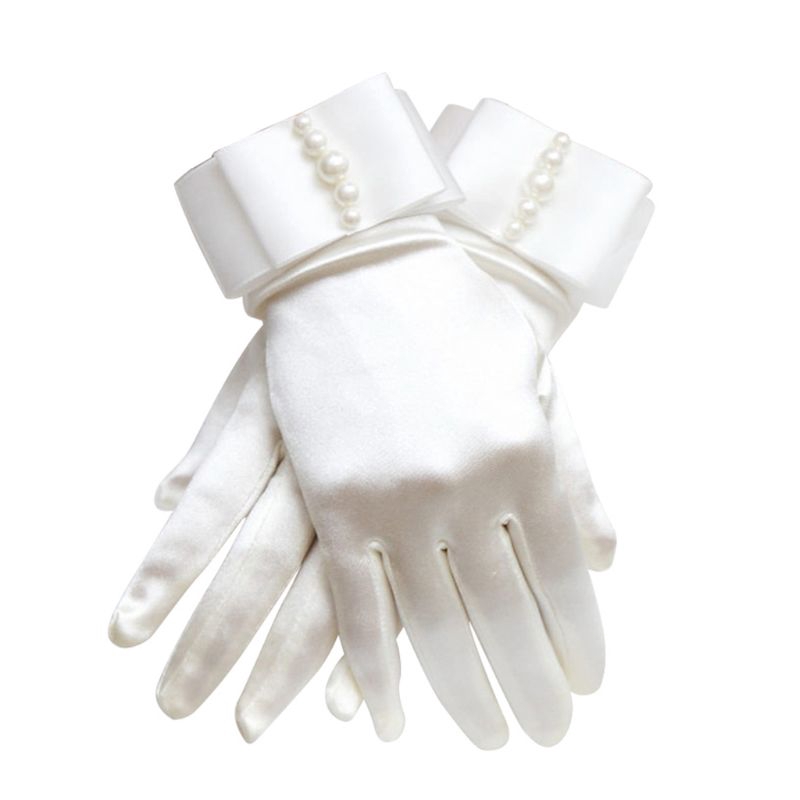 Găng tay cô dâu bằng lụa satin đính nơ ngọc trai sang trọng