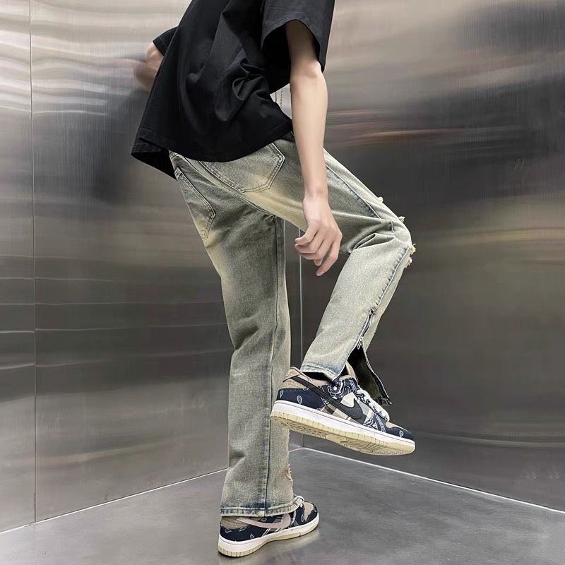 Quần jean rách ống đứng zipper streetwear Quixotic