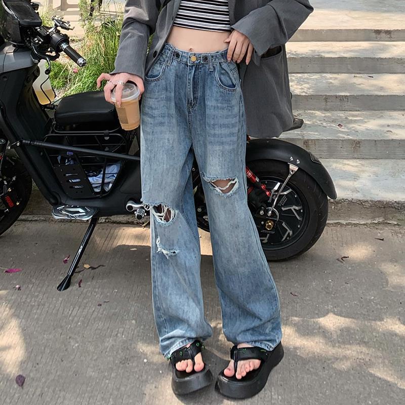 Quần jeans Rách Ống Rộng Lưng Cao Phong Cách retro