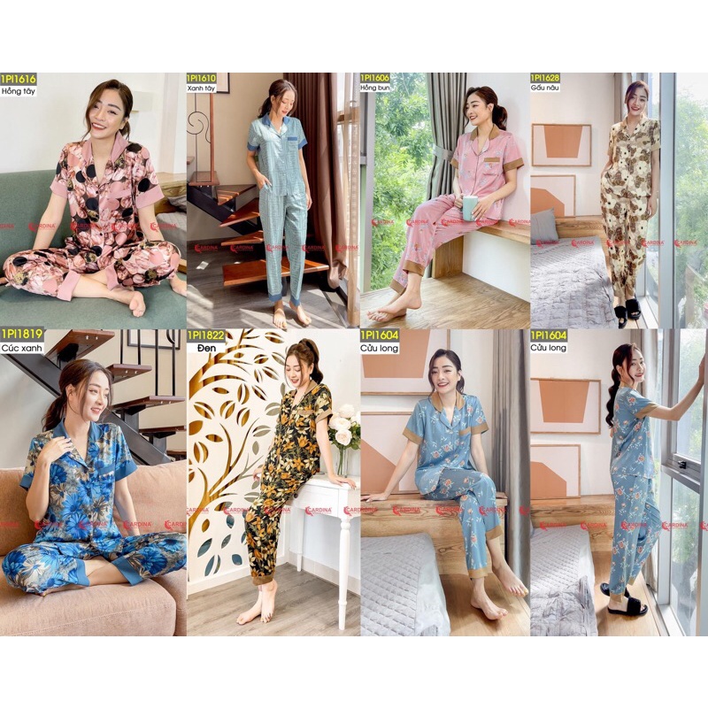 Bộ Pijama ngắn tay hoạ tiết CARDINA chất lụa Satin nhật cao cấp co giãn nhẹ