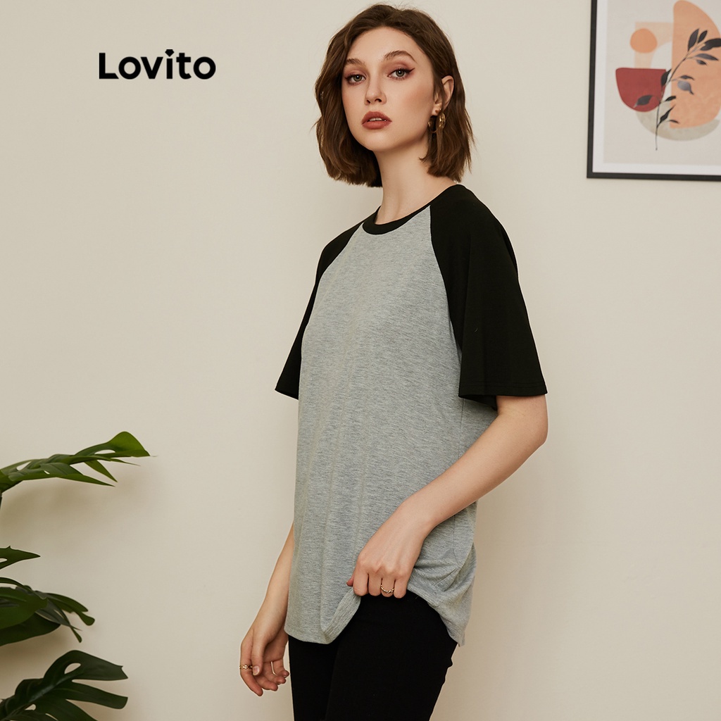 Áo thun Lovito tay raglan dáng ngắn ghép nối màu sắc màu trơn phong cách Preppy L19D019 (màu xám)