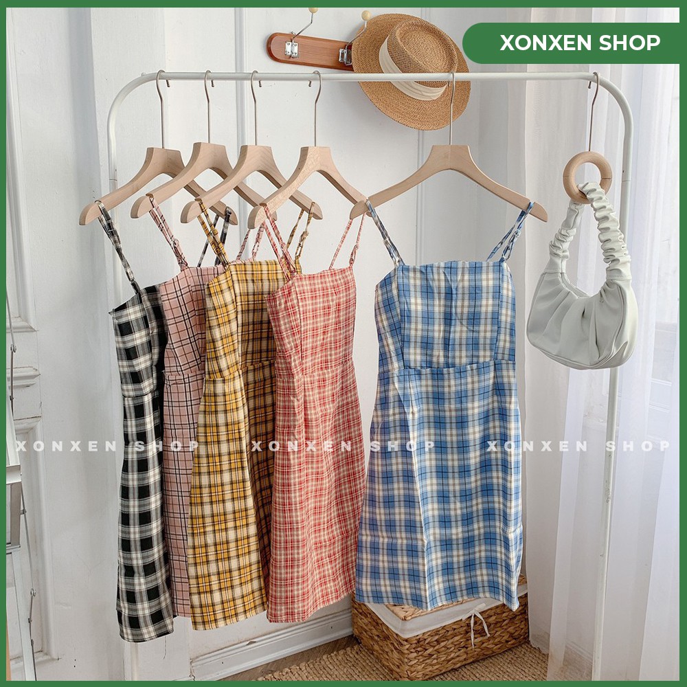 VÁY HAI DÂY CARO CHẤT MỀM MỊN XONXEN FREE SIZE MÃ 117