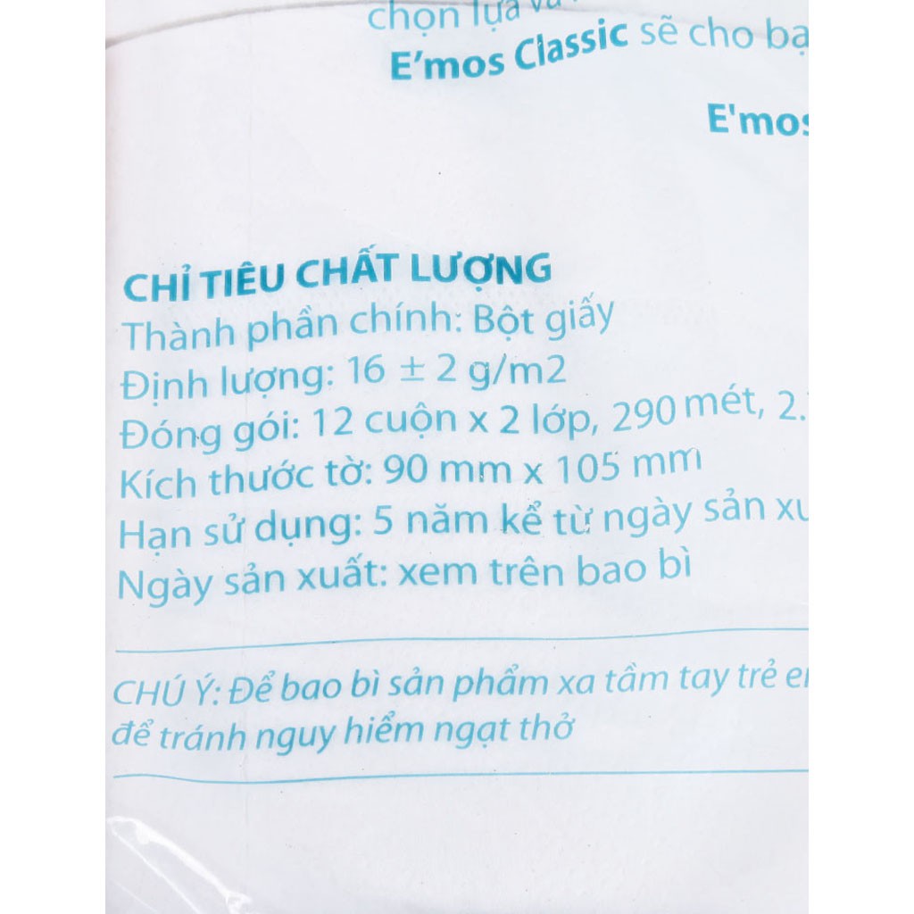 Giấy Vệ Sinh E'mos Classic Xanh Gói 12 Cuộn 2 Lớp