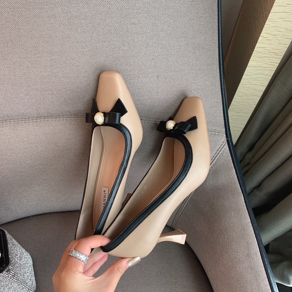 Giày công sở thời trang nữ ❤️FREESHIP❤️ Giày cao gót khuy nơ đính ngọc trai , gót nhọn đế vuông cao 7cm 388-2