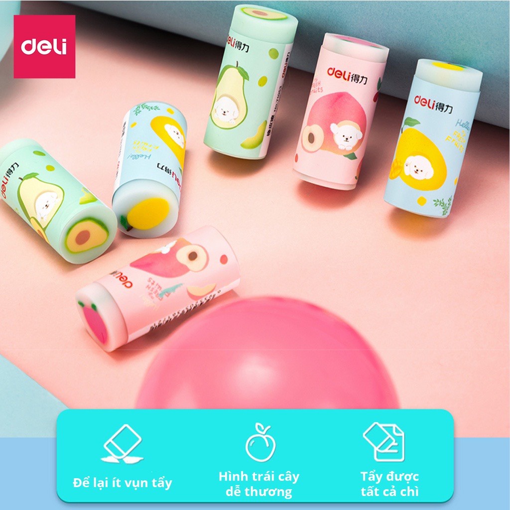 Gôm tẩy Deli hình trụ vẽ hoa quả nhiều màu - 71053