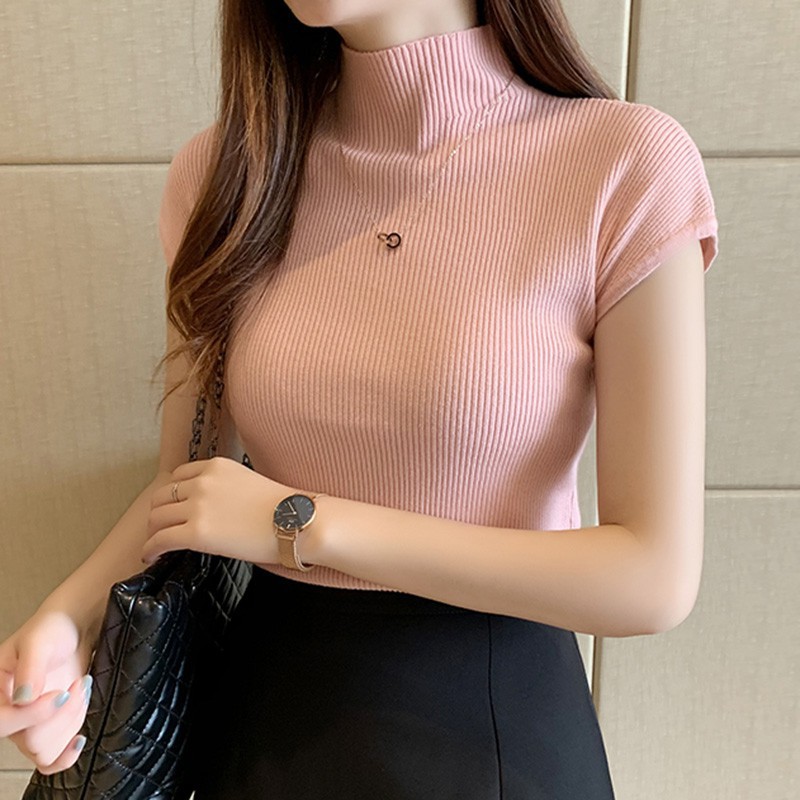 Áo Dệt Kim Tay Ngắn Cổ Lọ Màu Trơn Thời Trang Cho Nữ