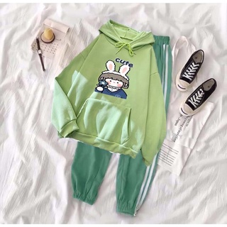 Sét bộ áo hoodie cô gái thỏ kèm quần ống bo gấu xanh