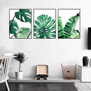 Bộ 3 tranh canvas LÁ XANH 40 x 60CM KHUNG VIỀN ĐEN SR12